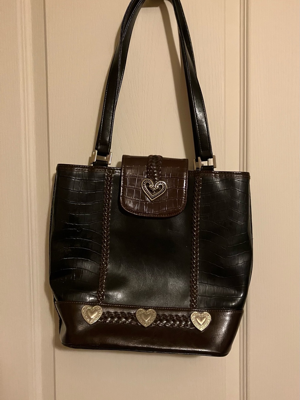 Women’s Dark Brown Heart Accent Tote Bag - Picture 1 of 6